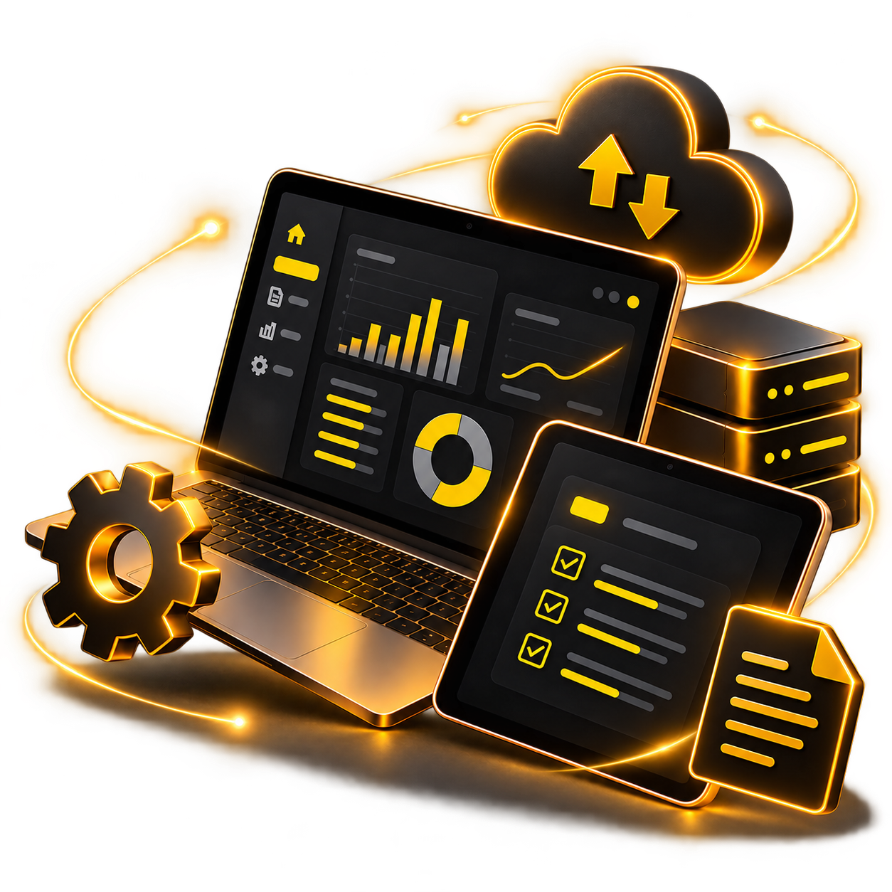 Computador, tablet e nuvem com ferramentas digitais e automação GCONT